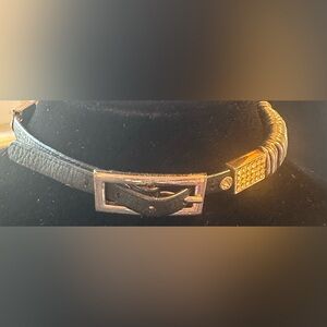 Black Faux Leather Gold Buckle & Accents Belt Choker With Metal Square Rings.